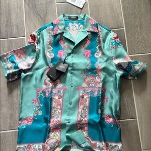 Versace Men's Teal and Pink Baroque Print Shirt